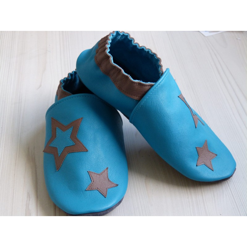 Chaussons en cuir souples bébé, enfant et adulte - Bleus et étoiles taupes